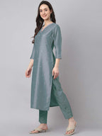 Janasya Regular Chinnon Ice Blue Embroidered V-Neck Kurta,Bottom & Dupatta