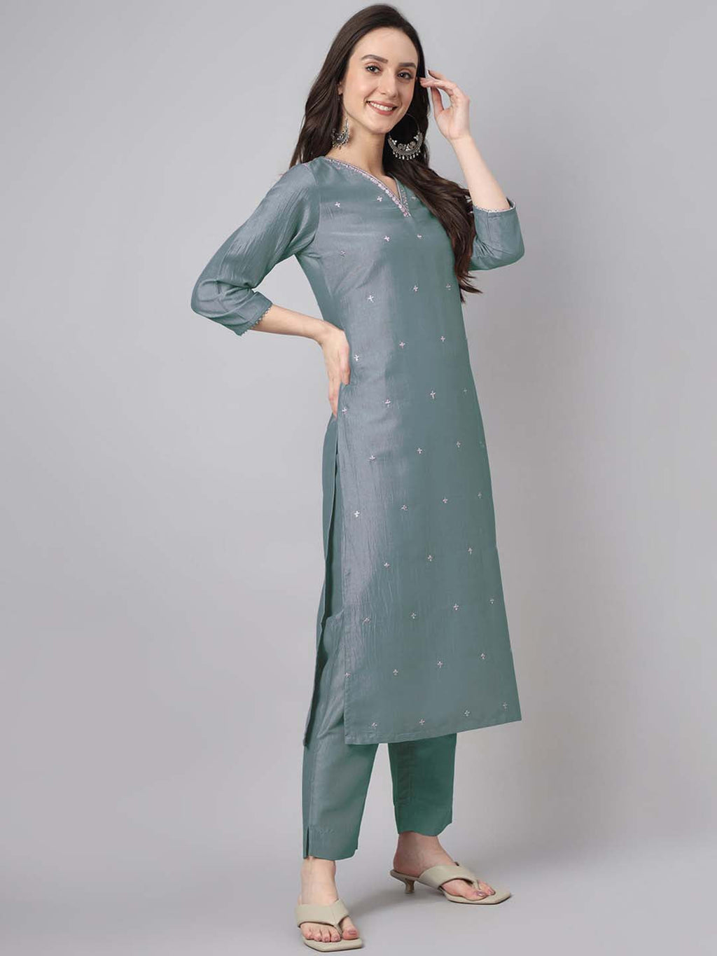 Janasya Regular Chinnon Ice Blue Embroidered V-Neck Kurta,Bottom & Dupatta