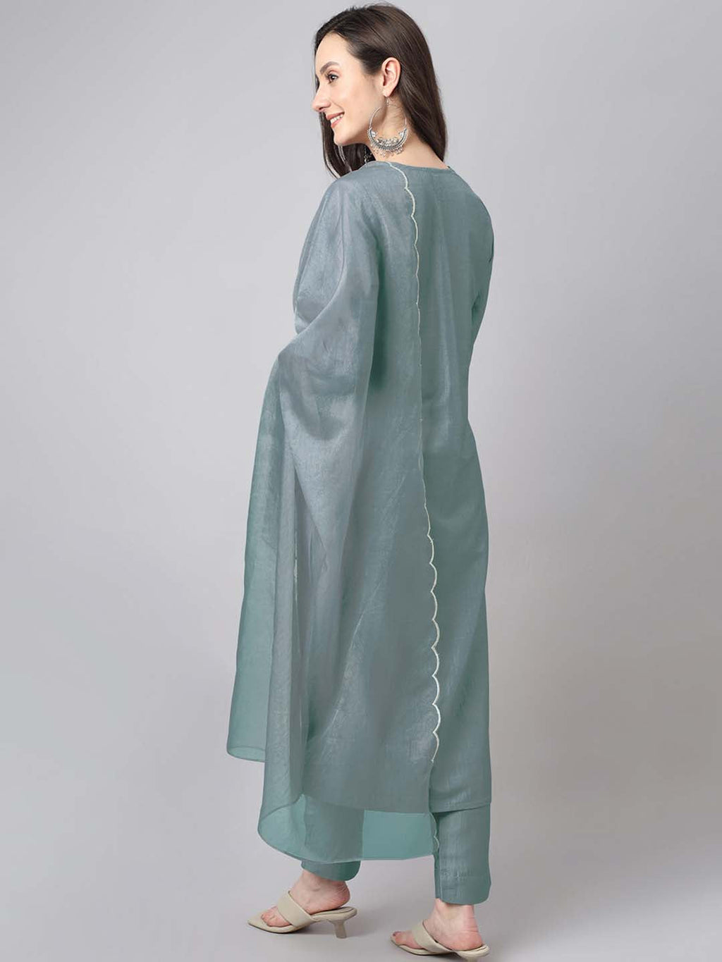 Janasya Regular Chinnon Ice Blue Embroidered V-Neck Kurta,Bottom & Dupatta