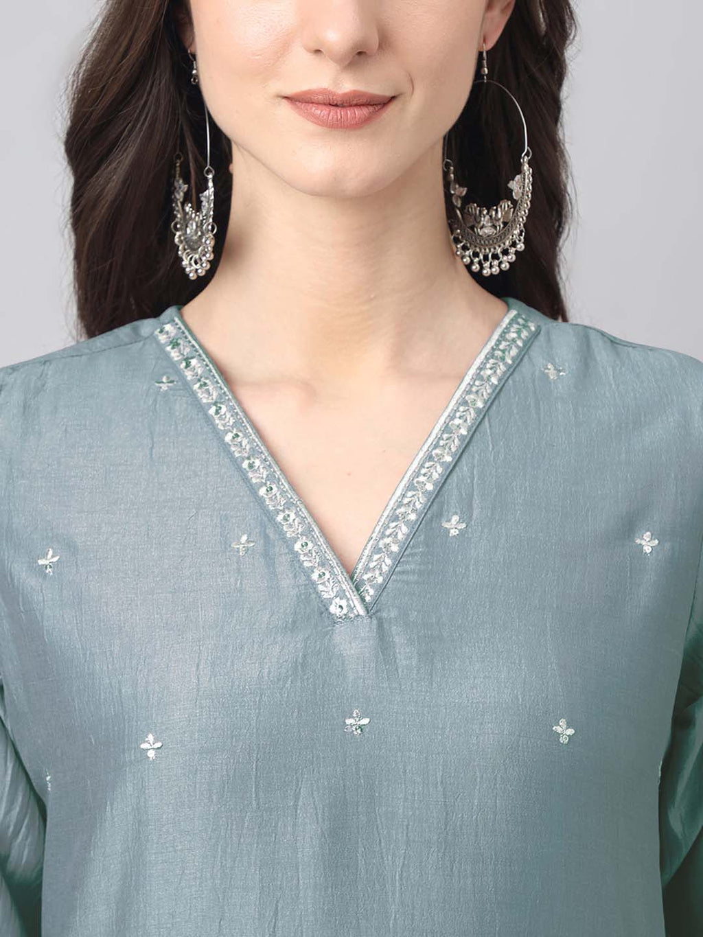 Janasya Regular Chinnon Ice Blue Embroidered V-Neck Kurta,Bottom & Dupatta