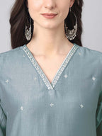 Janasya Regular Chinnon Ice Blue Embroidered V-Neck Kurta,Bottom & Dupatta