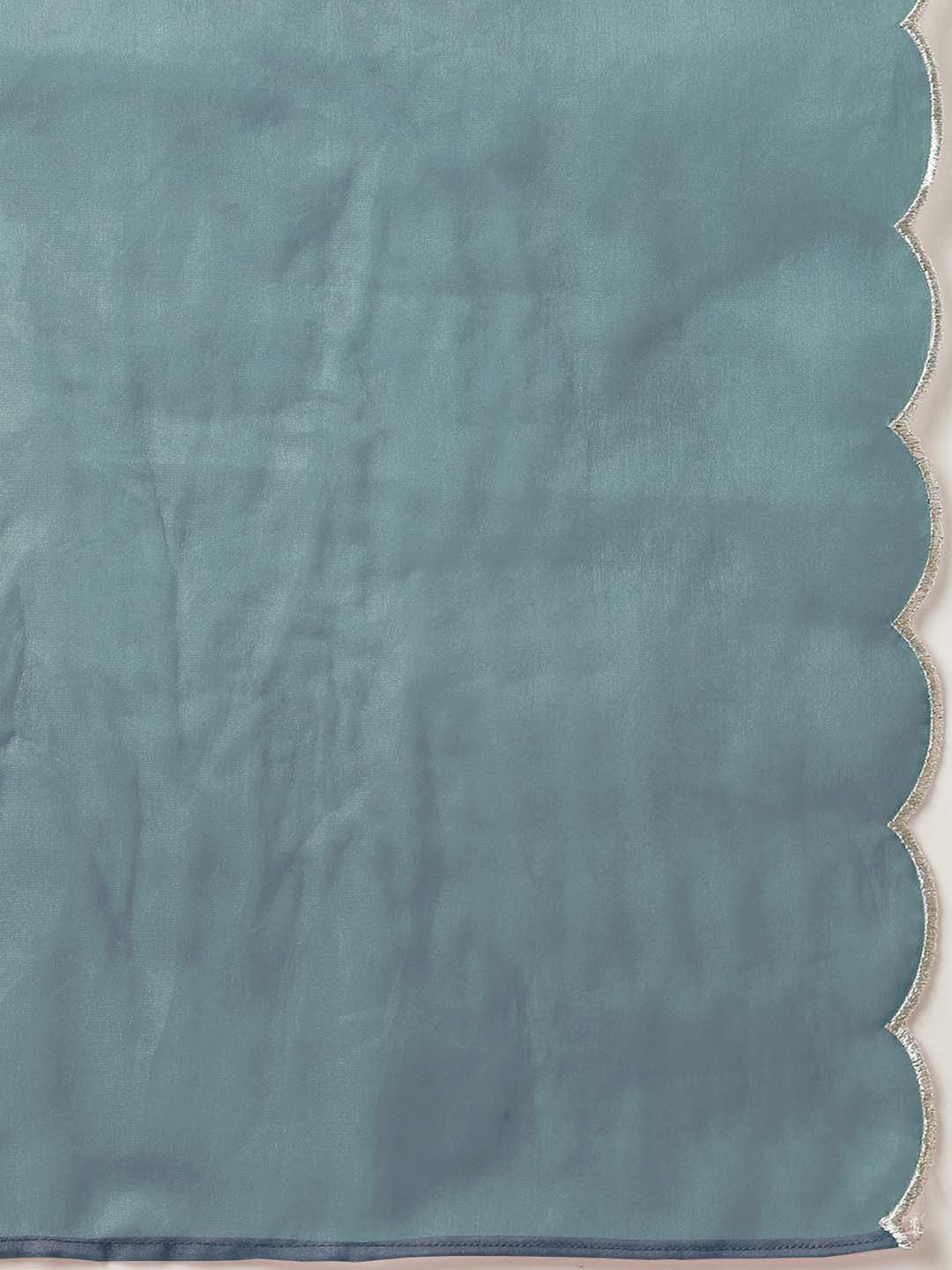 Janasya Regular Chinnon Ice Blue Embroidered V-Neck Kurta,Bottom & Dupatta