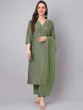 Janasya Regular Chinnon Green Ethnic Motifs V-Neck Kurta,Bottom & Dupatta