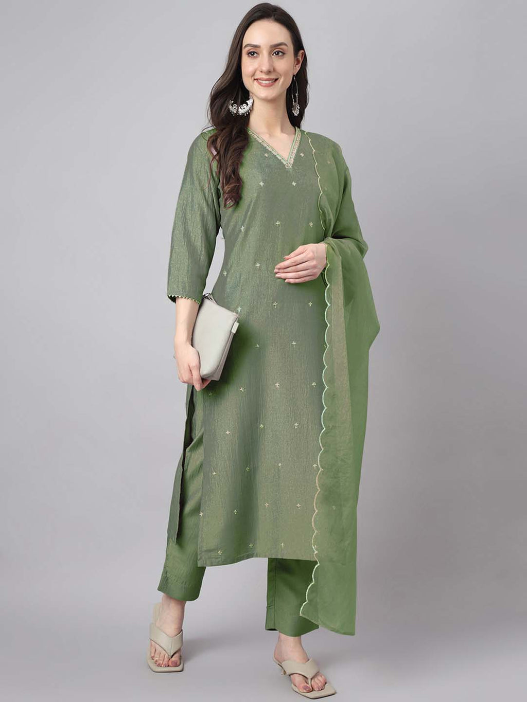 Janasya Regular Chinnon Green Ethnic Motifs V-Neck Kurta,Bottom & Dupatta