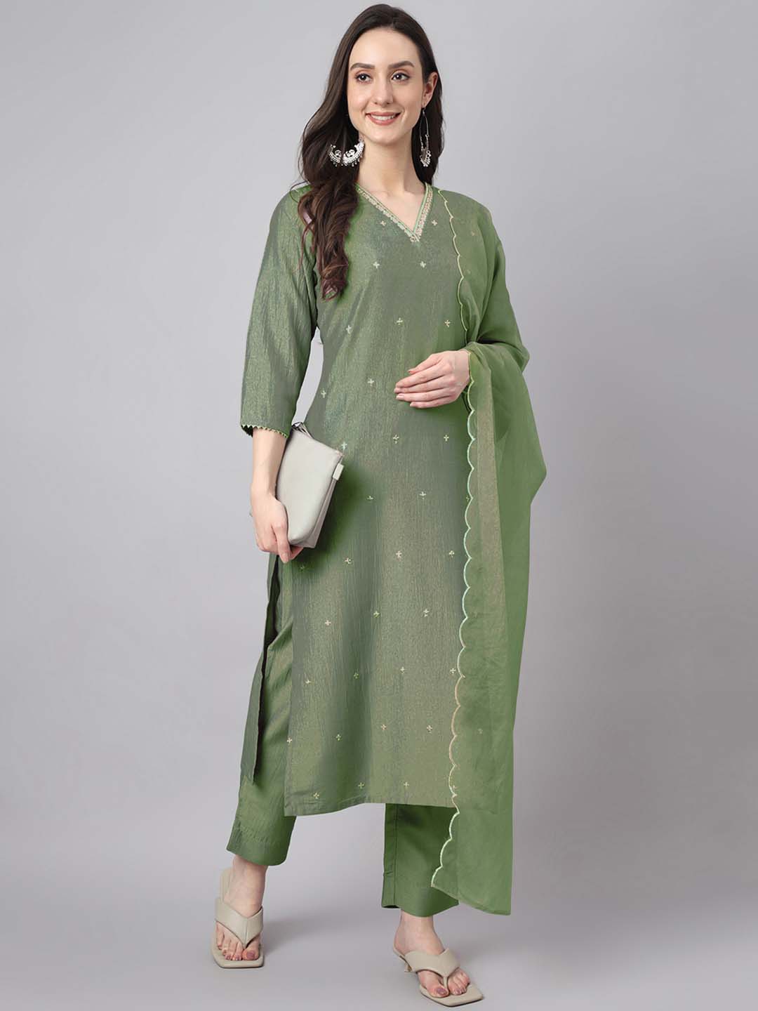 Janasya Regular Chinnon Green Ethnic Motifs V-Neck Kurta,Bottom & Dupatta