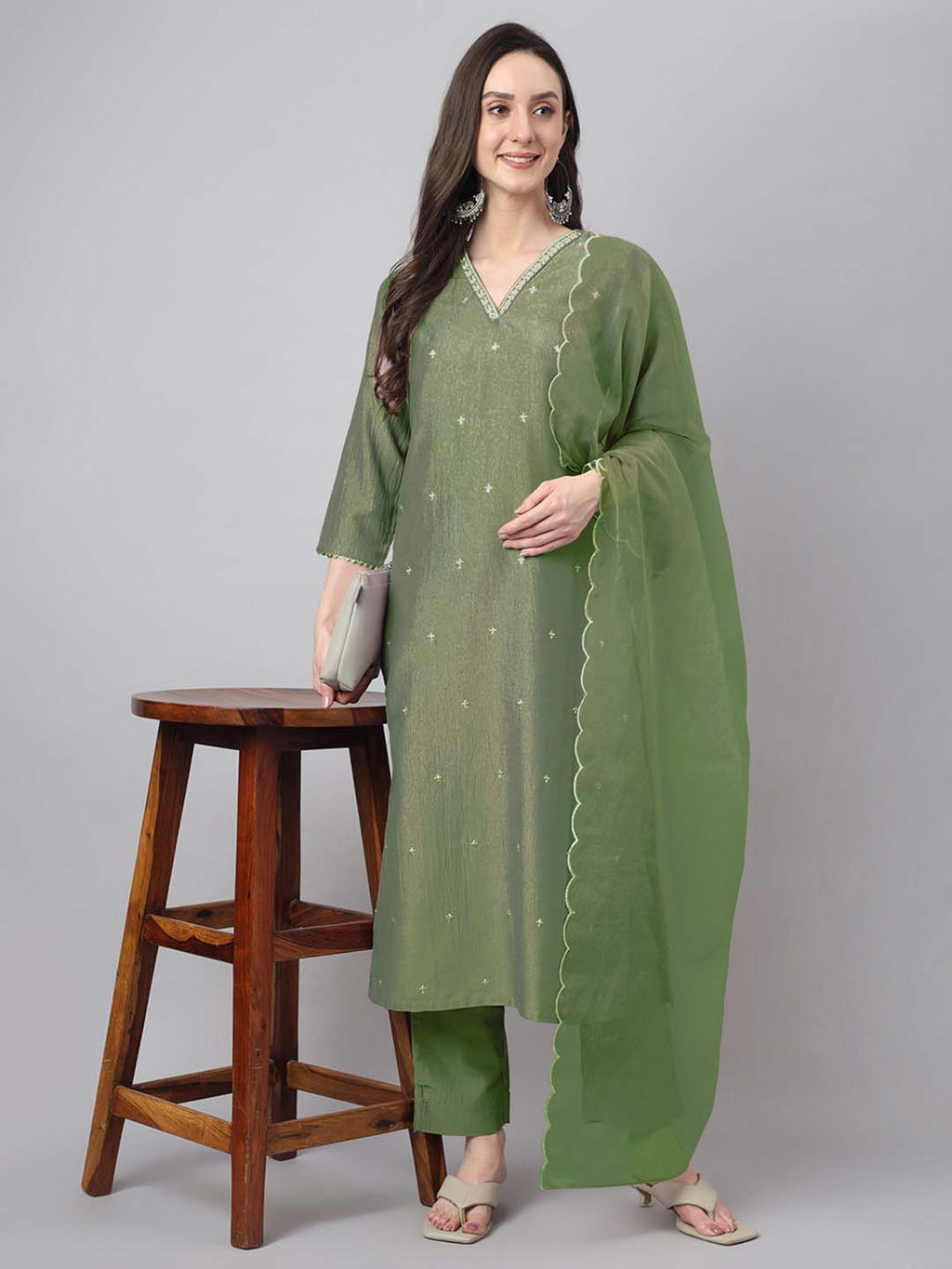 Janasya Regular Chinnon Green Ethnic Motifs V-Neck Kurta,Bottom & Dupatta