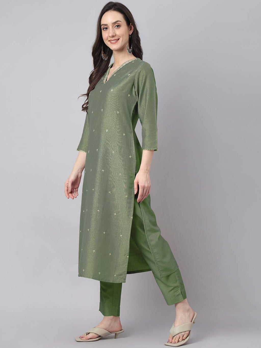 Janasya Regular Chinnon Green Ethnic Motifs V-Neck Kurta,Bottom & Dupatta