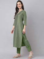 Janasya Regular Chinnon Green Ethnic Motifs V-Neck Kurta,Bottom & Dupatta