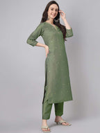 Janasya Regular Chinnon Green Ethnic Motifs V-Neck Kurta,Bottom & Dupatta