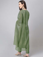 Janasya Regular Chinnon Green Ethnic Motifs V-Neck Kurta,Bottom & Dupatta