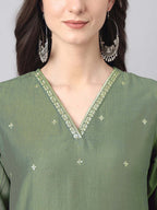 Janasya Regular Chinnon Green Ethnic Motifs V-Neck Kurta,Bottom & Dupatta