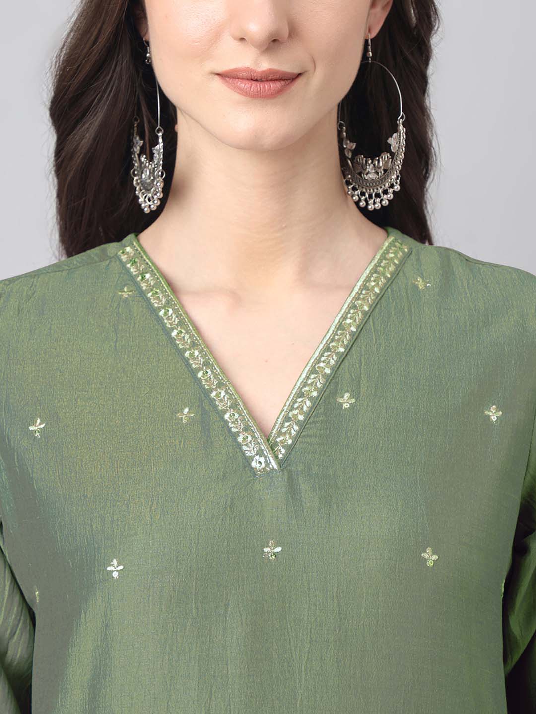 Janasya Regular Chinnon Green Ethnic Motifs V-Neck Kurta,Bottom & Dupatta
