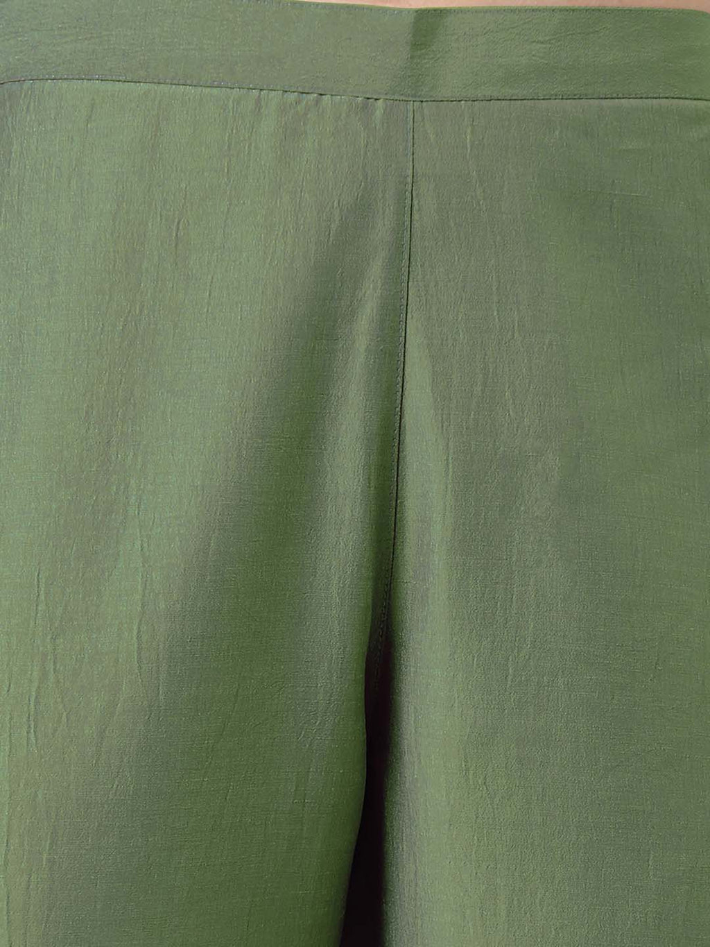 Janasya Regular Chinnon Green Ethnic Motifs V-Neck Kurta,Bottom & Dupatta