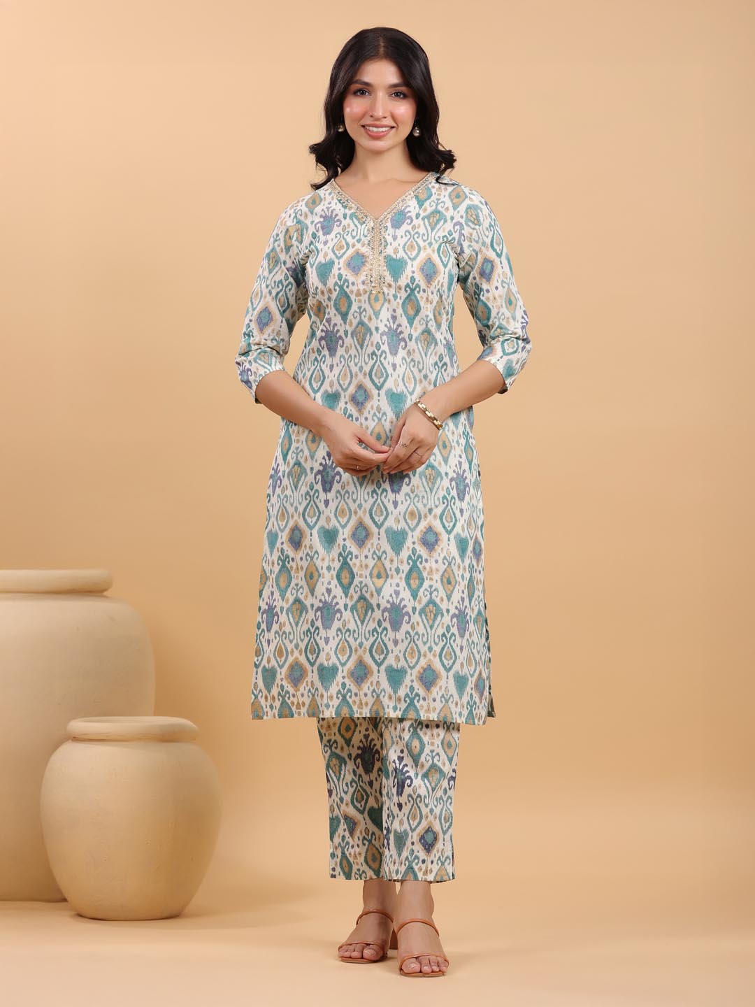 Janasya Light Cotton Ikkat Straight Kurta Set - Distacart