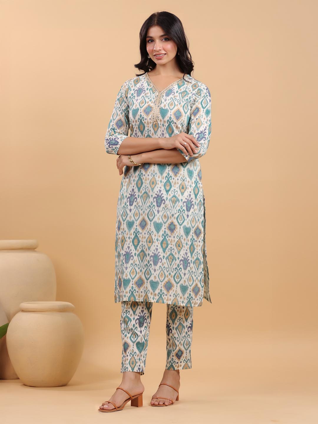 Janasya Light Cotton Ikkat Straight Kurta Set - Distacart