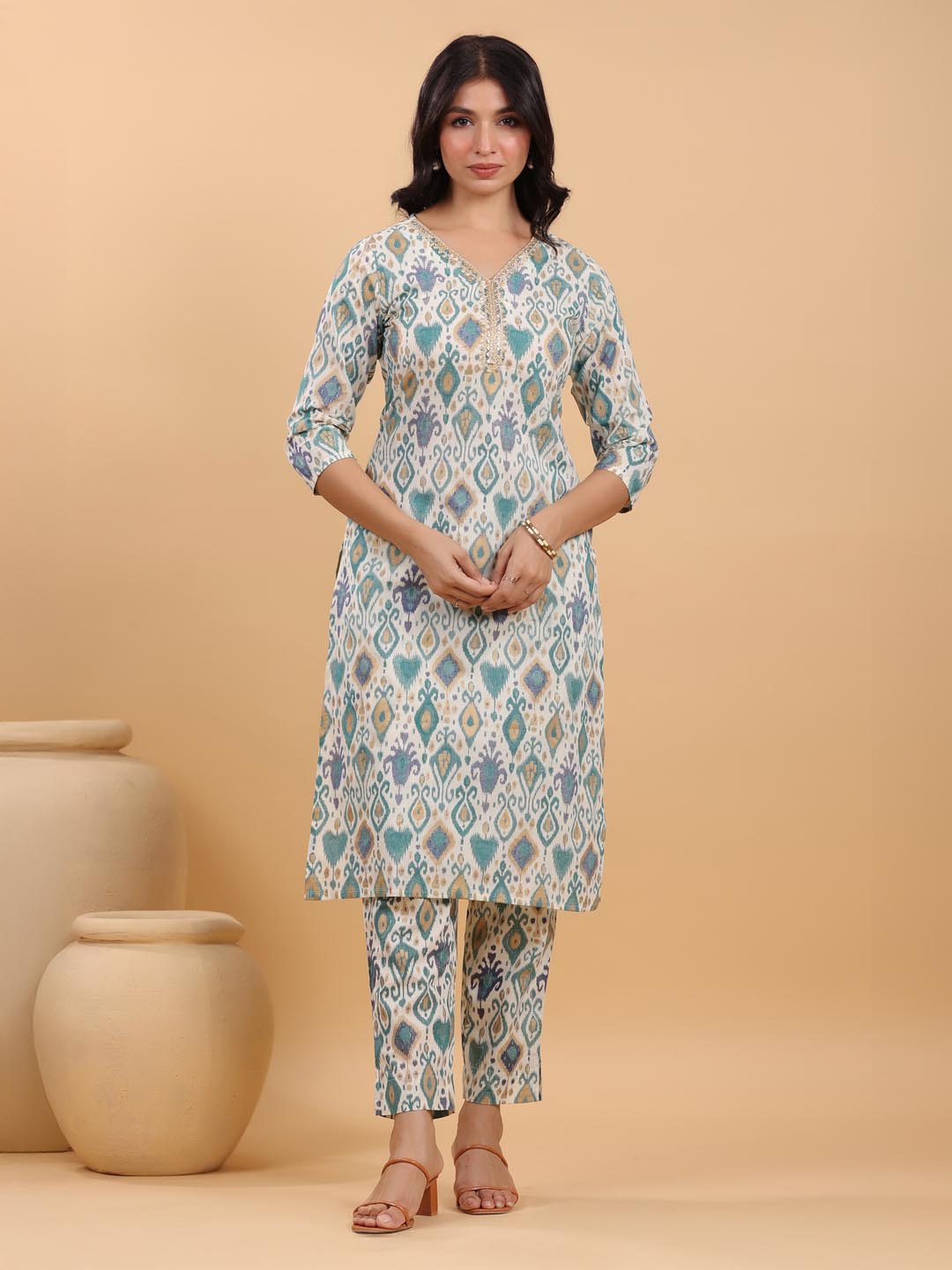 Janasya Light Cotton Ikkat Straight Kurta Set - Distacart