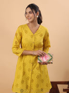 Janasya Mustard Cotton Schiffli A-Line Tunic