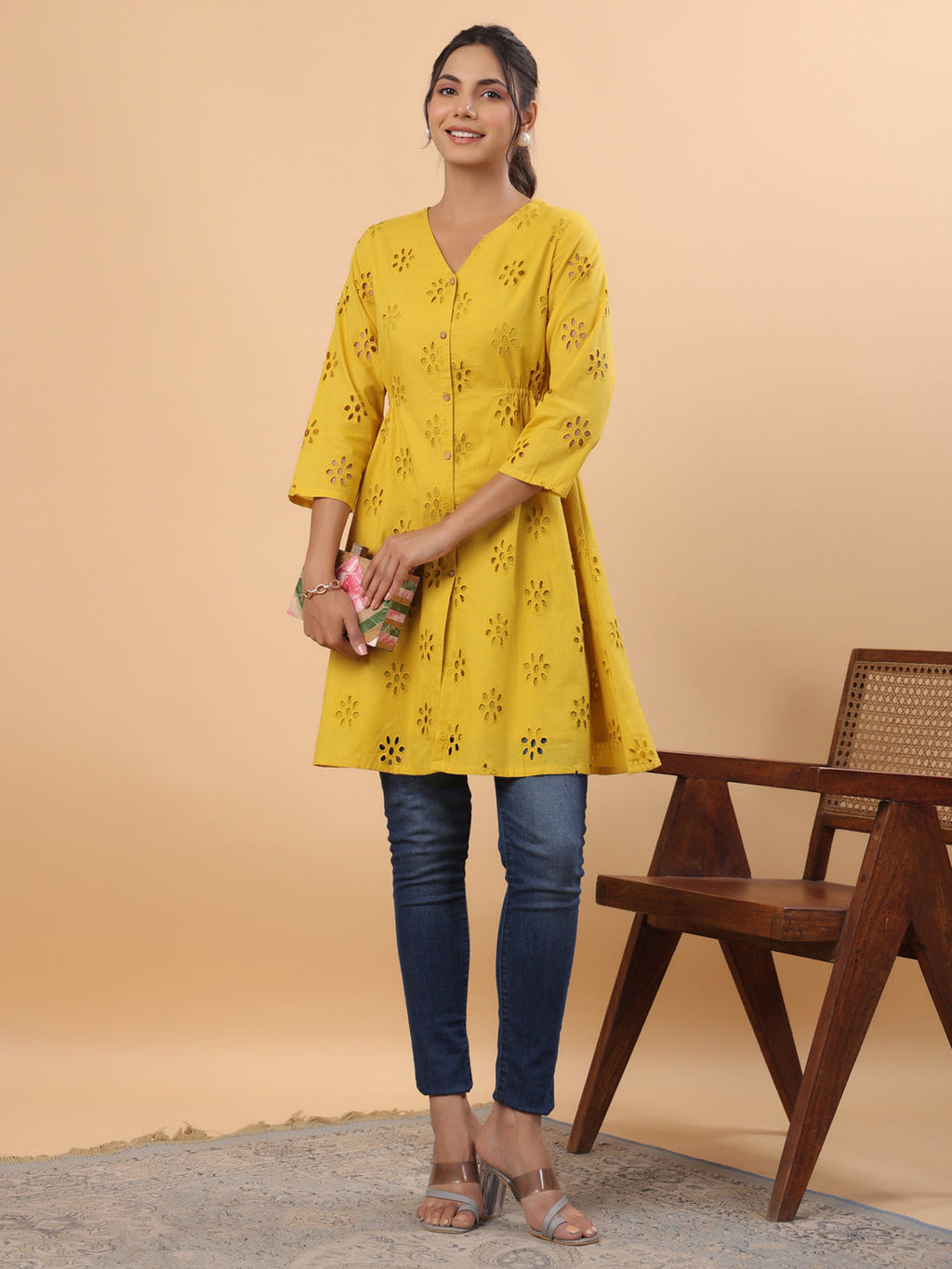 Janasya Mustard Cotton Schiffli A-Line Tunic