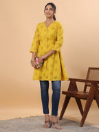 Janasya Mustard Cotton Schiffli A-Line Tunic