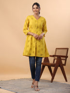 Janasya Mustard Cotton Schiffli A-Line Tunic