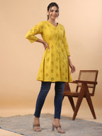 Janasya Mustard Cotton Schiffli A-Line Tunic