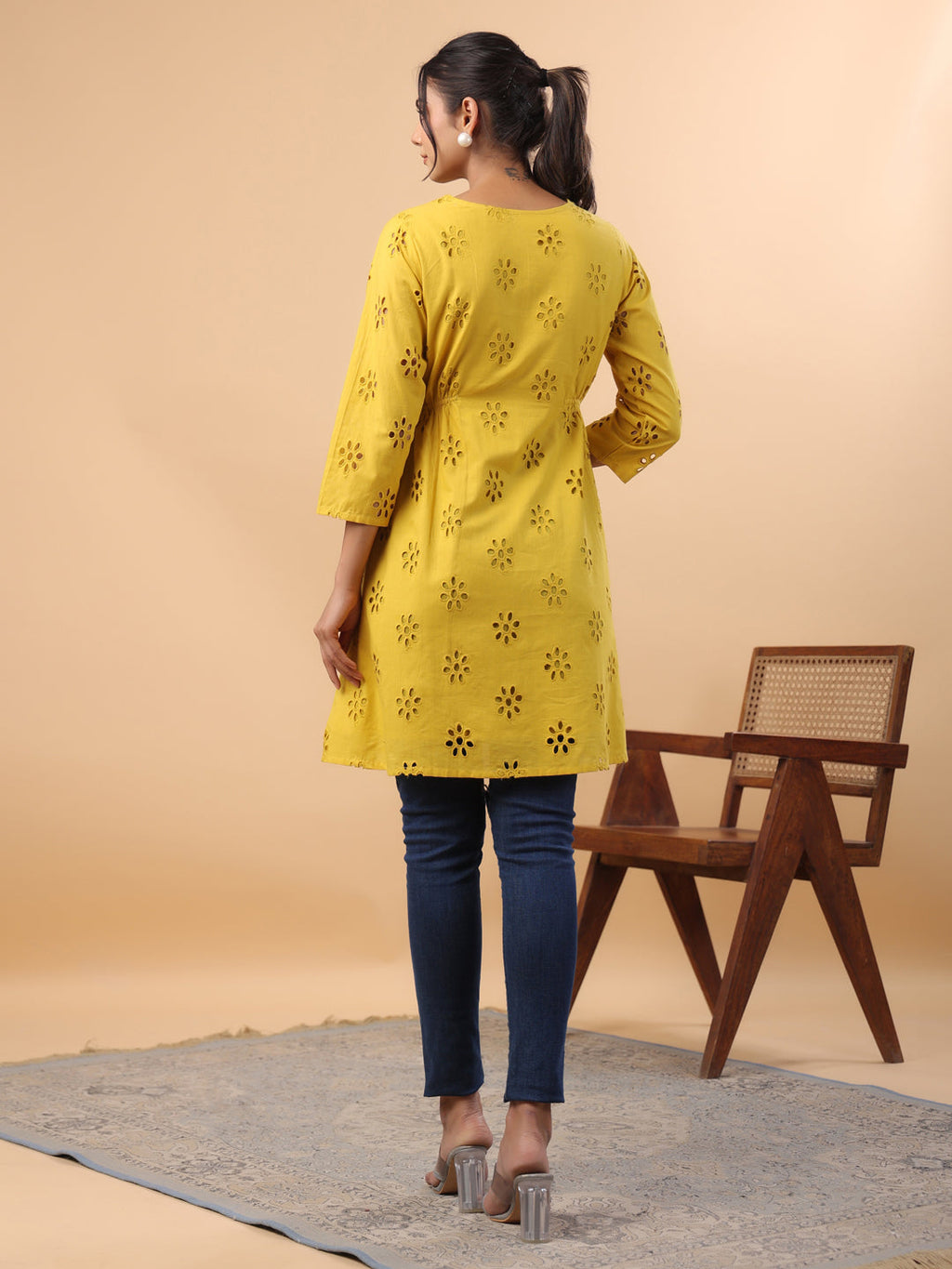 Janasya Mustard Cotton Schiffli A-Line Tunic
