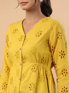 Janasya Mustard Cotton Schiffli A-Line Tunic