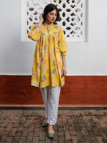 Janasya Light Cotton Tropical Gathered Tunic
