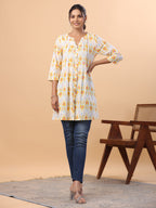 Janasya Pleated Cambric White Ikkat Notch Neck Tunic