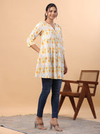 Janasya Pleated Cambric White Ikkat Notch Neck Tunic