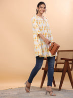 Janasya Pleated Cambric White Ikkat Notch Neck Tunic