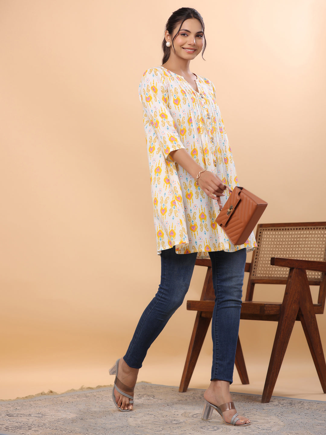 Janasya Pleated Cambric White Ikkat Notch Neck Tunic