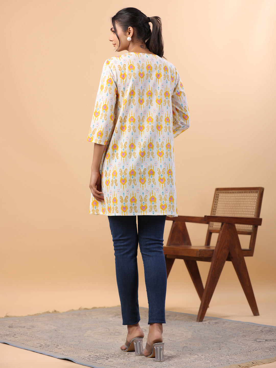 Janasya Pleated Cambric White Ikkat Notch Neck Tunic