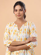 Janasya Pleated Cambric White Ikkat Notch Neck Tunic
