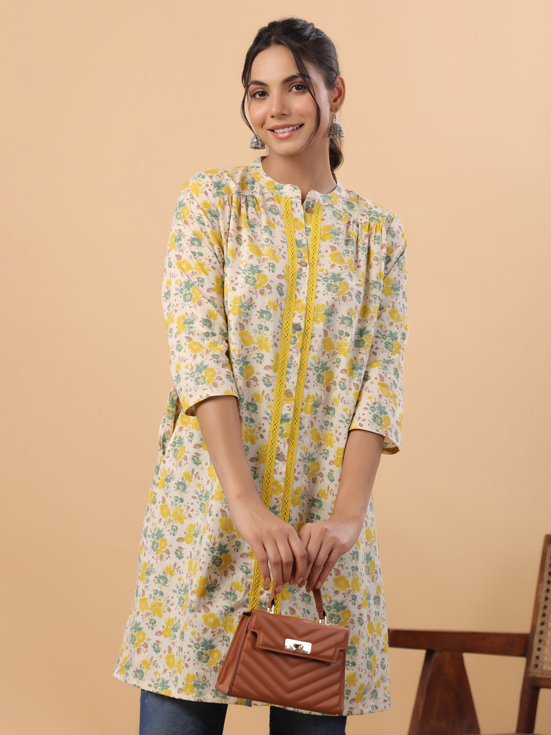 Janasya A-Line Cambric Beige Floral Band Collar Tunic