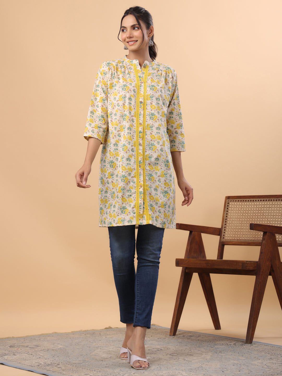 Janasya A-Line Cambric Beige Floral Band Collar Tunic