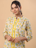 Janasya A-Line Cambric Beige Floral Band Collar Tunic