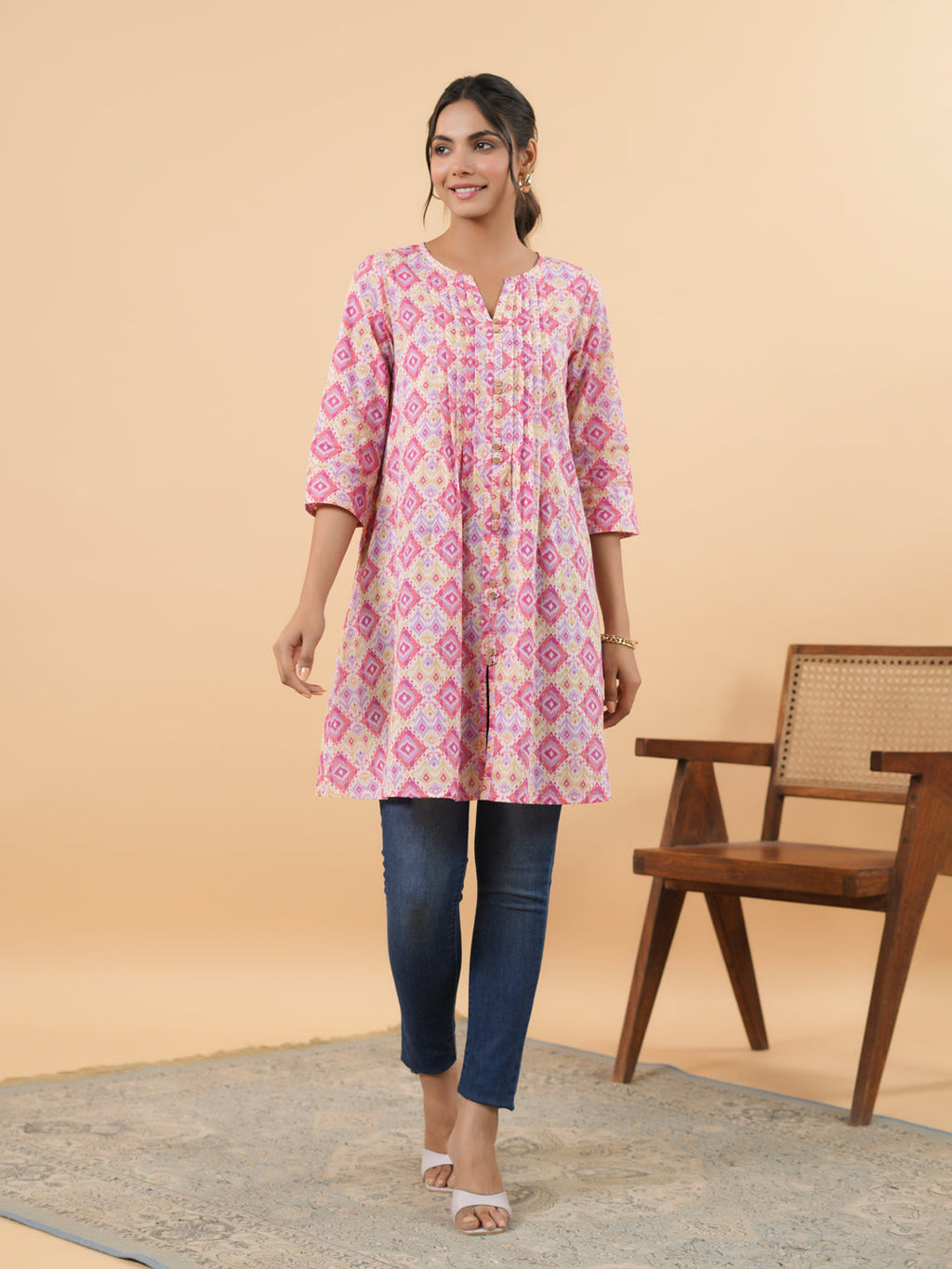 Janasya Pink Cambric Geometric Tunic
