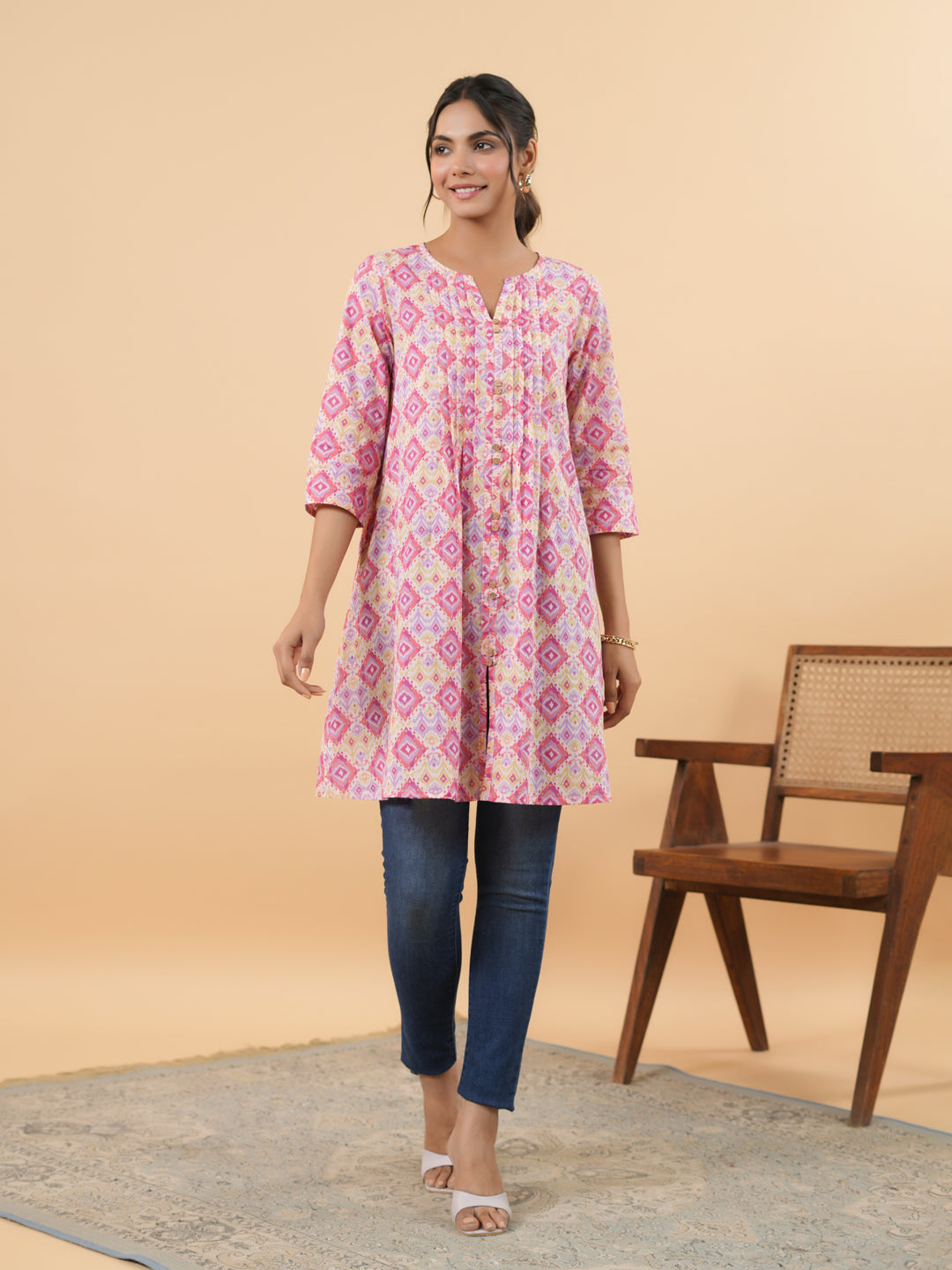 Janasya Pink Cambric Geometric Tunic