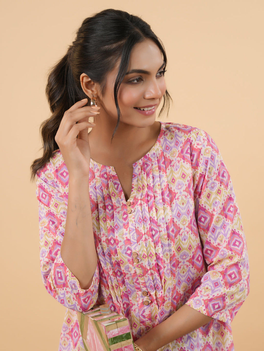 Janasya Pink Cambric Geometric Tunic