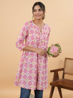 Janasya Pink Cambric Geometric Tunic