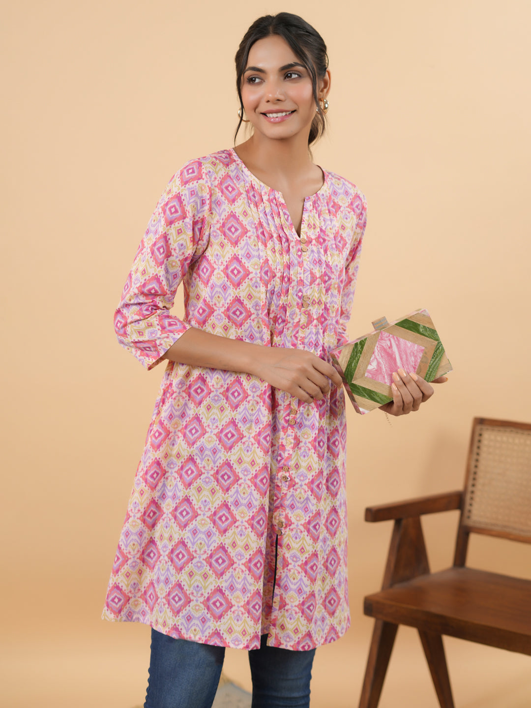 Janasya Pink Cambric Geometric Tunic