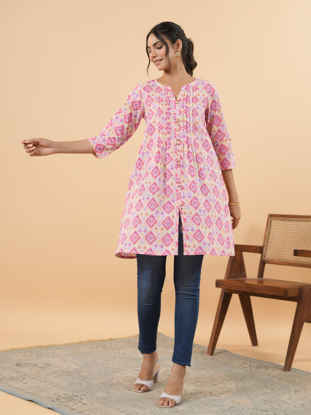 Janasya Pink Cambric Geometric Tunic