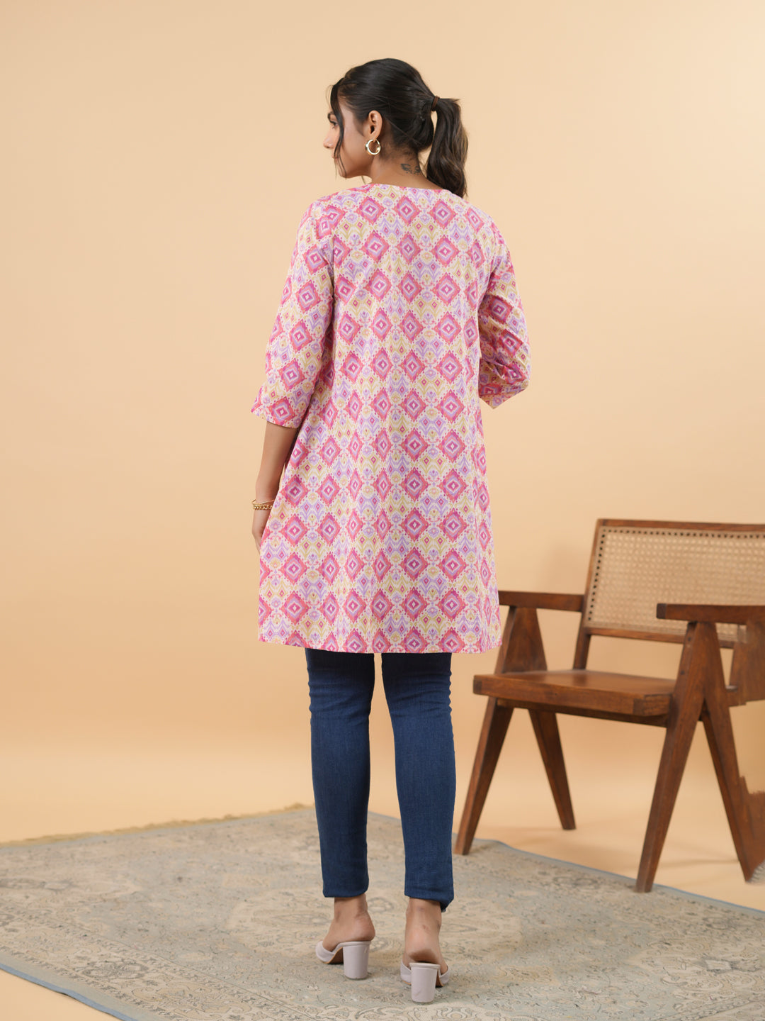 Janasya Pink Cambric Geometric Tunic