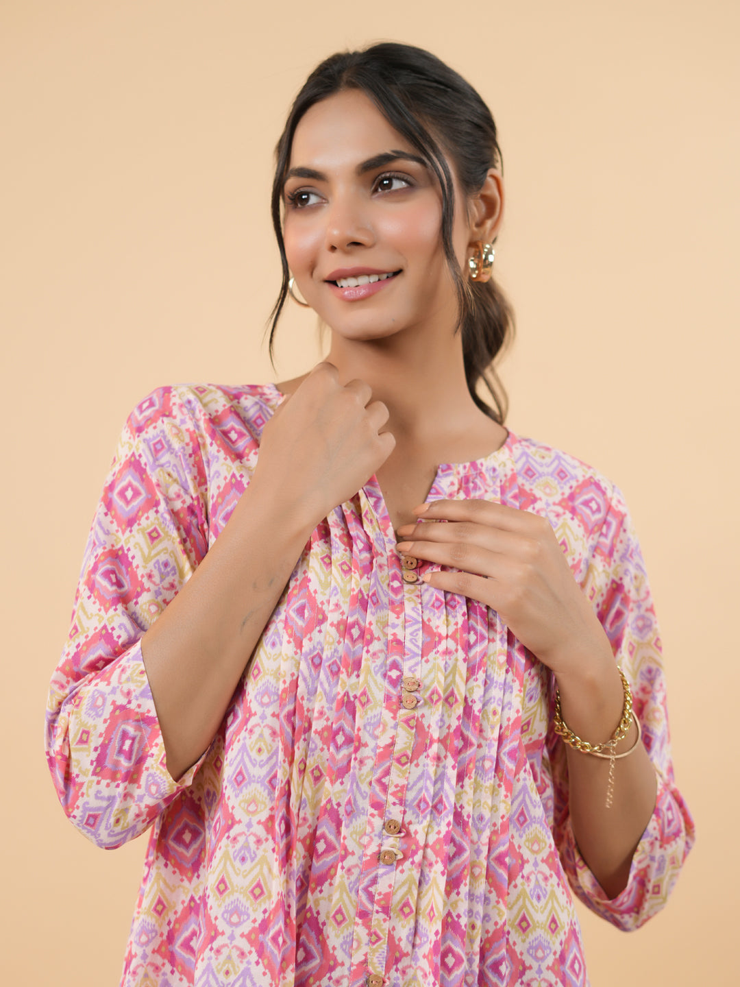 Janasya Pink Cambric Geometric Tunic