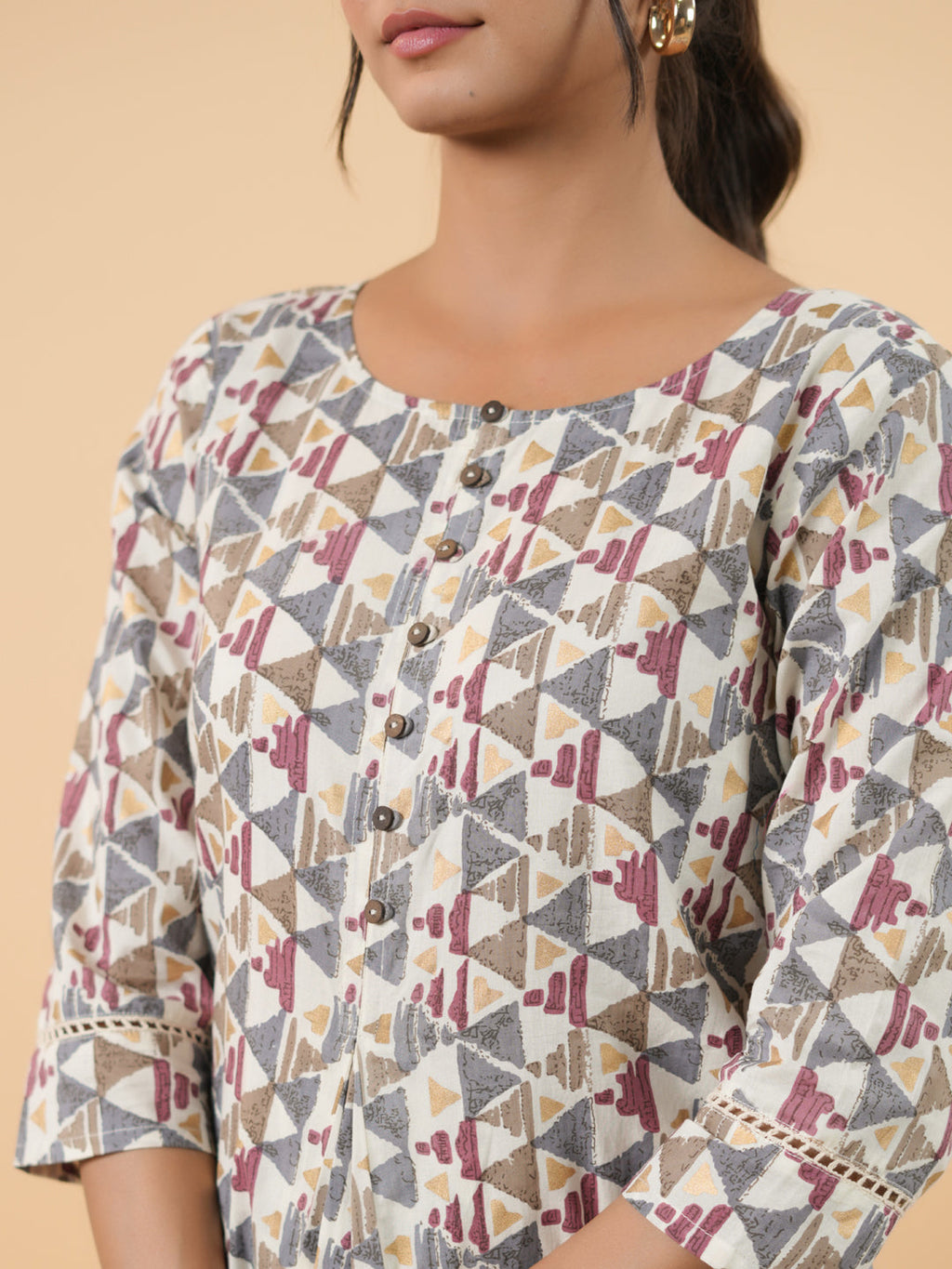 Janasya Off White Cambric Gemometric Tunic