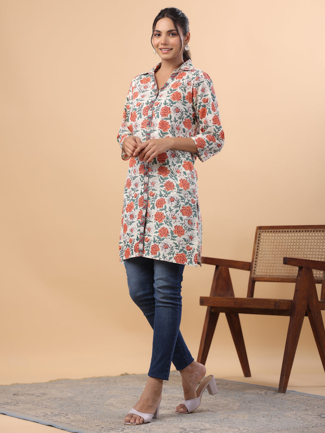 Janasya Cream Cambric Floral Tunic