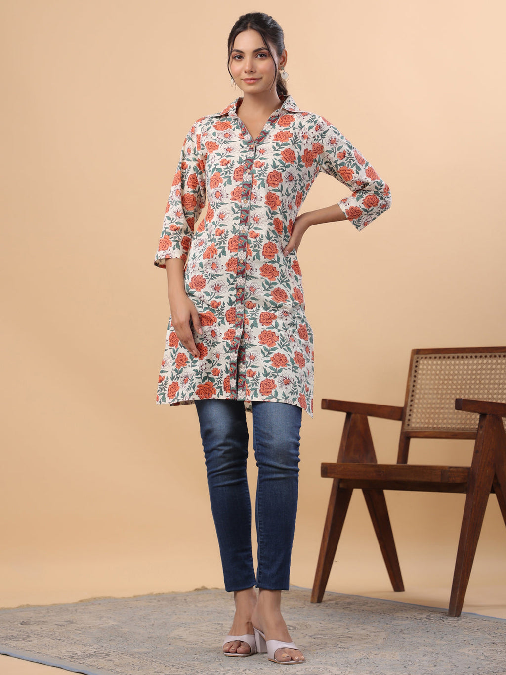 Janasya Cream Cambric Floral Tunic