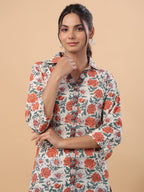 Janasya Cream Cambric Floral Tunic