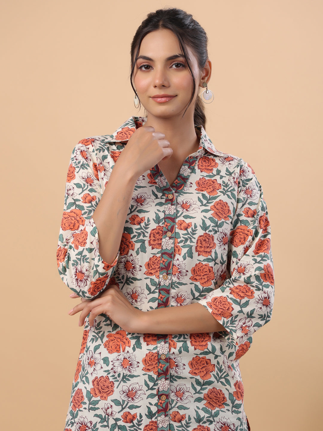 Janasya Cream Cambric Floral Tunic